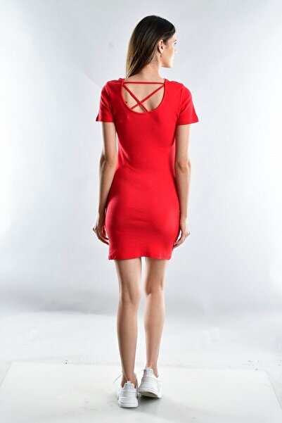 Cotton Mood 20071669 Ribbed Knit cross back Piped short sleeve dress red