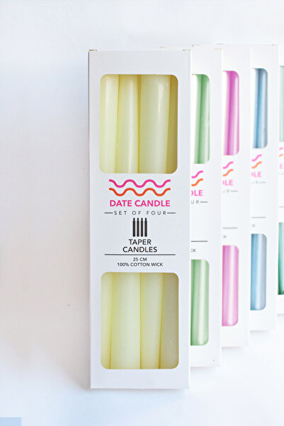 Date Candle Sarı Pastel Renk Konik Dekoratif Şamdan Mum - 4' Lü Set