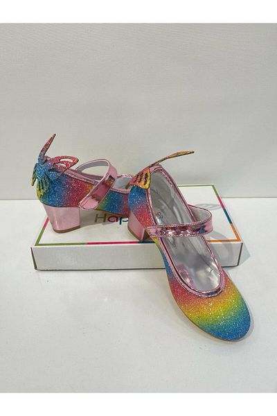 BUTİKHAPPYKİDS Pantofi de seară pentru copii, de culoare curcubeu, pentru fete, fluture închis, strălucitori, nr. 26-36