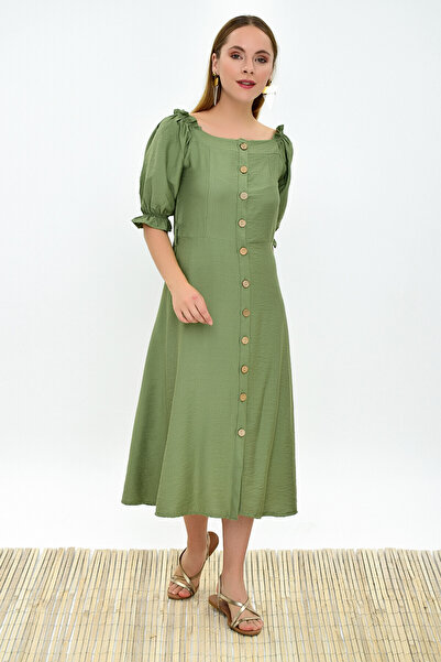 Cotton Mood 9301603 Bodrum Front Buttoned Balloon Sleeve Dress Khaki