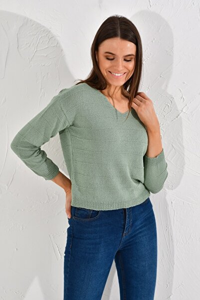 Cotton Mood 20026187 Knitwear Striped V-Neck Blouse Cagla Green