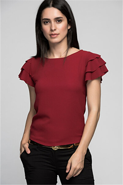 Cotton Mood 7222201 بلوزة كوبي بأكمام قصيرة مكشكشة باللون العنابي