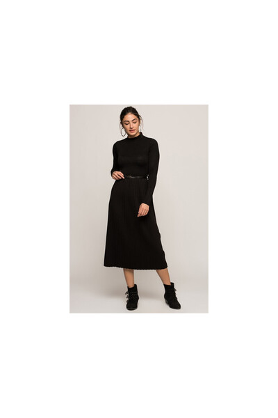 Cotton Mood 7372011 - Black Pleated Long Dress, Half Turtleneck, No Belt