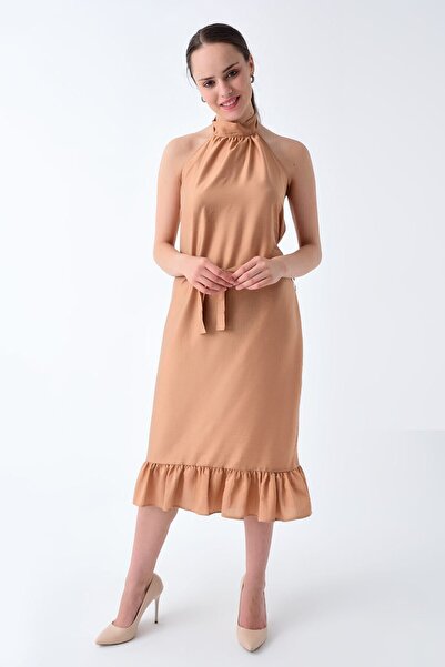 Cotton Mood 92210148 Bodrum Neck-Tied Sleeveless Dress with Belt at Waist Vizon