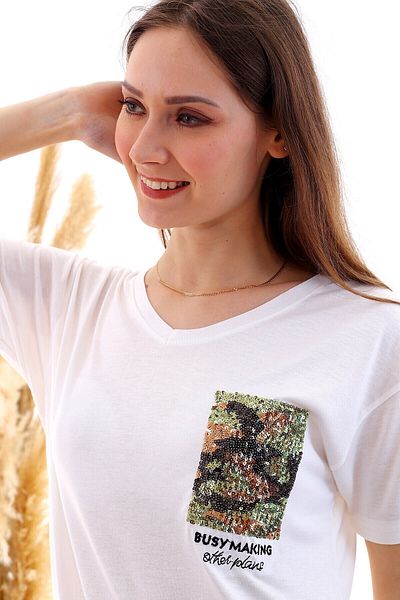 Cotton Mood 20050507 Single Jersey Sequin Sequin Cpli V-Neck T-Shirt Ecru