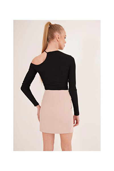 Cotton Mood 23254279 Camisole One Shoulder Neckline Drawstring Crop Blouse Black