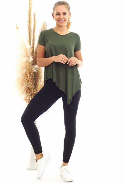 Cotton Mood 20060632 Viscose V-Neck Asymmetrical Short Sleeve Blouse Khaki