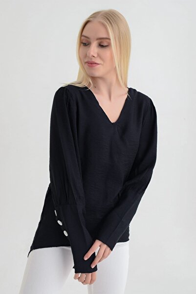 Cotton Mood 9151526 بلوزة بودروم كوم.أركيدي بمقبض خلفي وأزرار باللون الأسود
