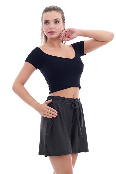 Cotton Mood 20064507 Knitted Crepe Pocketed Tied Waist Elasticated Shorts Khaki