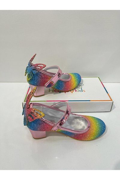 BUTİKHAPPYKİDS Pantofi de seară pentru copii, de culoare curcubeu, pentru fete, fluture închis, strălucitori, nr. 26-36