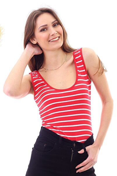 Cotton Mood 20040403 Single Jersey Striped U-Neck Snap-On Bodysuit Red White Fine Line