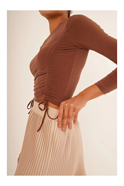 Cotton Mood 23254005 Sandy Front Tunnel Gathered Long Sleeve Blouse BROWN