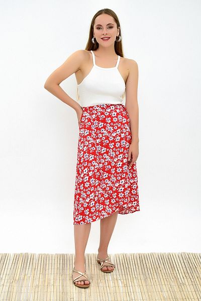 Cotton Mood 9313124 Dok.viscose Patterned Waist Tied Wrap Skirt Red White