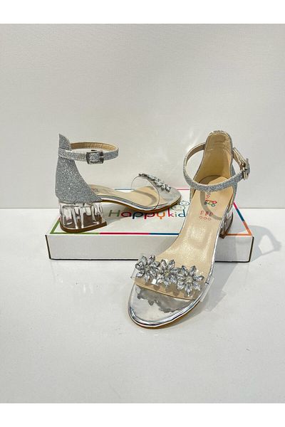 BUTİKHAPPYKİDS Pantofi de seară pentru fete, cu flori argintii, cu detalii de piatră, pentru nuntă, cu tocuri, pantofi de seară pentru copii
