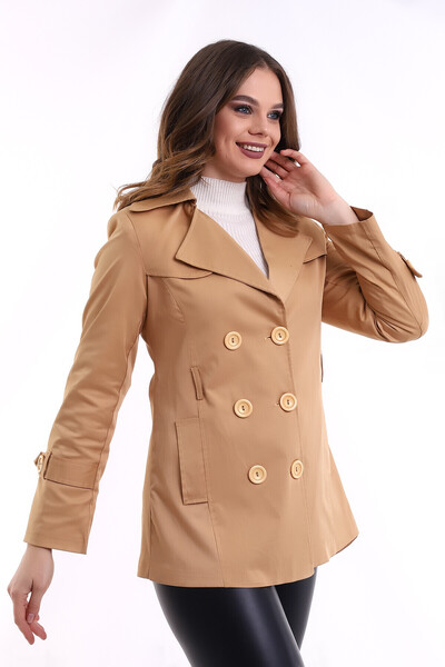 Cotton Mood 224250094 Beltless Double-Breasted Collar Trench Coat Camel