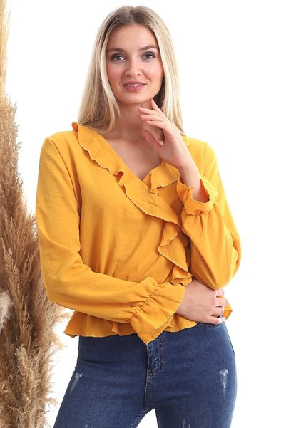 cottonmood 20343266 بلوزة أيروبين بأكمام طويلة مزدوجة الطيات بلون الخردل