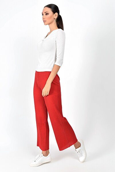 Cotton Mood 9360793 Thick Corded Fabric Elastic Waist Long Trousers Red