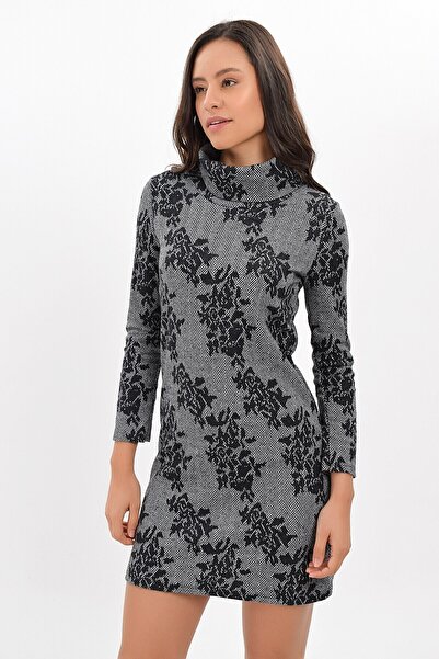 Cotton Mood 94271091 Herringbone Large Rose Dsn. Degaje Collar Long Sleeve Dress Gray