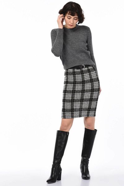 Cotton Mood 8515176 Plaid Patterned Pencil Skirt with Elastic Waist and Slits