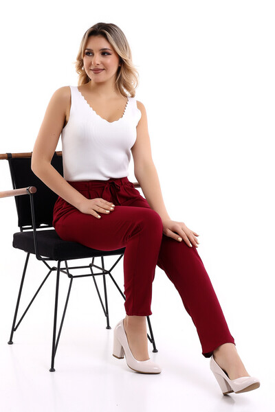 Cotton Mood 8083177 Belmando Viscose Belted Elasticated Trousers with Pockets Bordo