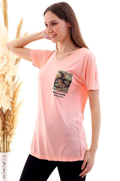 Cotton Mood 20050507 Single Jersey Sequin Patch V-Neck T-Shirt Y.Agzi