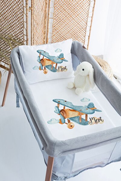 Lilabio %100 Pamuk Saten İsme Özel İsimli 70x120 Park Yatak Nevresim Seti Uçak