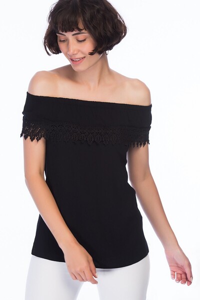 Cotton Mood 8259457 Şile Bezi Madonna Collar Guipure Blouse Black