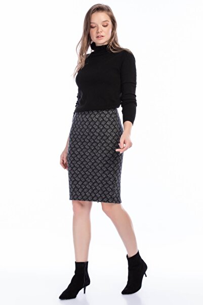Cotton Mood 8525286 K. Straw Patterned Elastic Waist Slit Pencil Skirt Fume