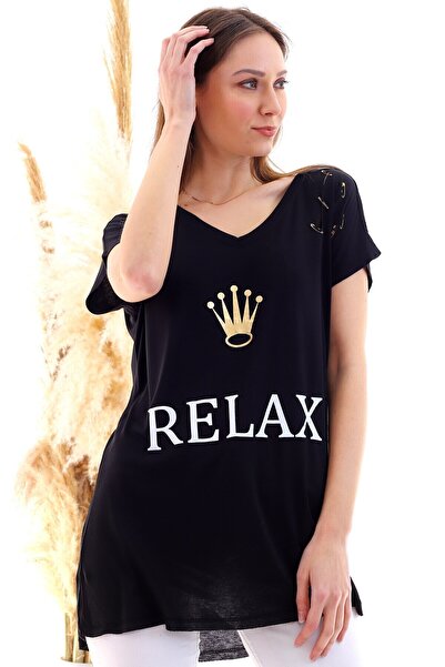 Cotton Mood 20050509 Single Jersey Relax Printed Tunic with Hook and Eye Closure on the Shoulders Black