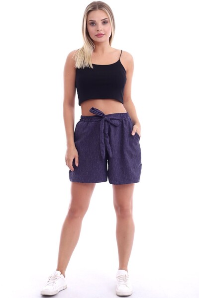 Cotton Mood 20074507 Dok.Keten Pocketed Shorts with Tie and Elastic Waist in Navy Blue