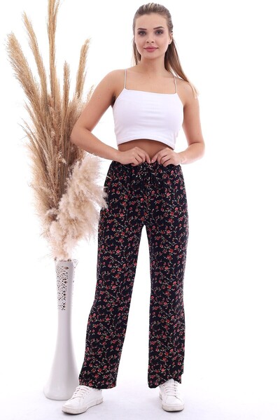 Cotton Mood 20070786 Knitted Crepe Elastic Waist Wide Leg Pants Black Flowers