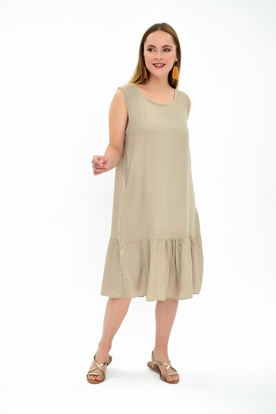 Cotton Mood 9303032 Sleeveless Dress with Frilled Pockets and Mink Skirt