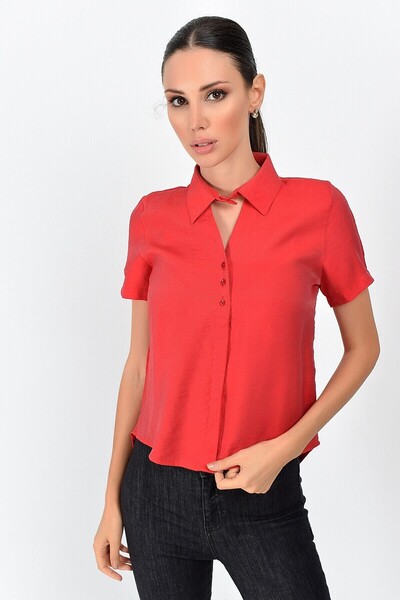 Cotton Mood 9362998 Bodrum Collar Short Sleeve Shirt with Window on the Front Red