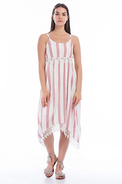 Cotton Mood 8280667 فستان بحمالات متقاطعة من قماش الشيل المخطط باللون الأحمر ...
