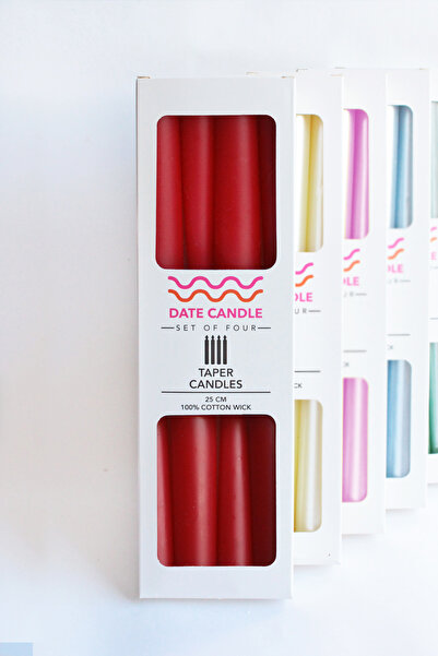 Date Candle Kırmızı Pastel Renk Konik Dekoratif Şamdan Mum - 4' Lü Set
