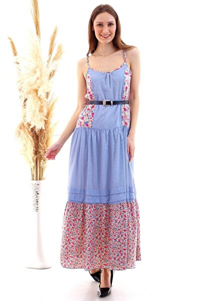 Cotton Mood 20050505 Woven Floral Patterned Strap Long Dress Blue Flower Pattern