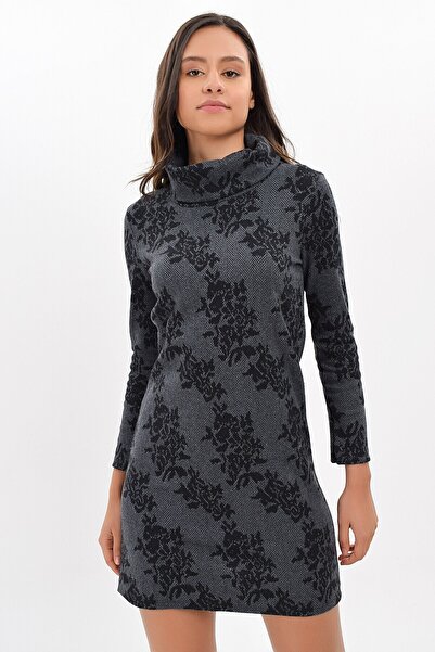 Cotton Mood 94271091 Herringbone Large Rose Dsn. Degaje Collar Long Sleeve Dress Fume