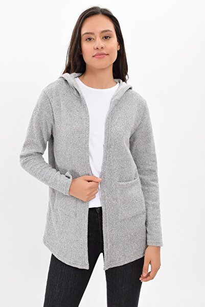 Cotton Mood 9420863 Macaron Pocket Hooded Long Cardigan Gray
