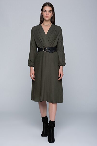 Cotton Mood 7432424 Elastic Waist Double-Breasted Long Sleeve Dress Khaki