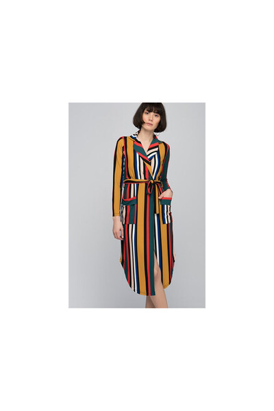 Cotton Mood 8081084 فستان بياقة سترة مزدوجة الصدر مع جيوب وحزام بلون الخردل ا...