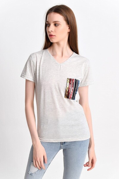 Cotton Mood 9282830 Single Jersey Tulle Sequin Pocket Short Sleeve V-Neck Blouse Beige