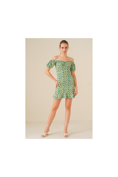 Cotton Mood 23124260 Patterned Mid-Chest Elastic Short Sleeve Dress Green