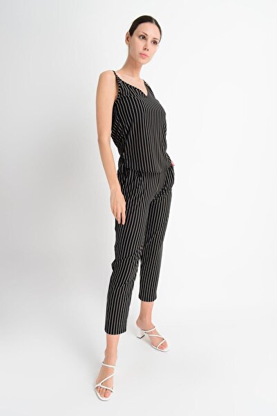 Cotton Mood 9181820 Knitted Crepe V-Neck Strap Blouse Black Striped