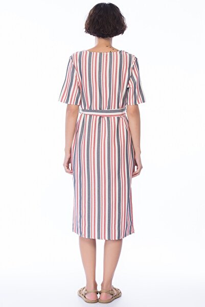 Cotton Mood 8331276 Linen Striped Side Button Short Sleeve Dress Dark Red