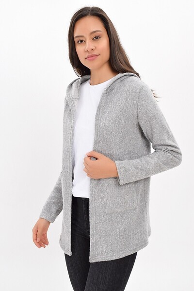 Cotton Mood 9420863 Macaron Pocket Hooded Long Cardigan Gray