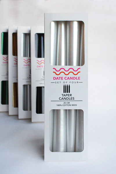 Date Candle Gümüş Sedefli, Metalik Renk 4'lü Konik Dekoratif Şamdan Mum - 4'lü