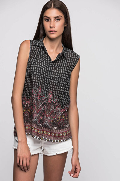 Cotton Mood 7271404 قميص بدون أكمام بنقشة شال فيسكوز بنمط شال أسود