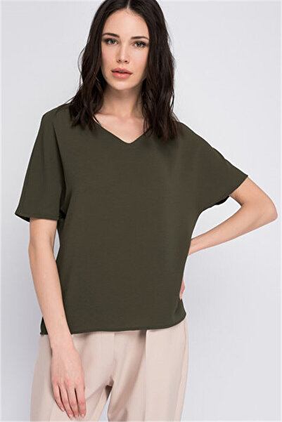 Cotton Mood 8122611 Kobe V-Neck Back Collar Piped Bat Sleeve Blouse Khaki
