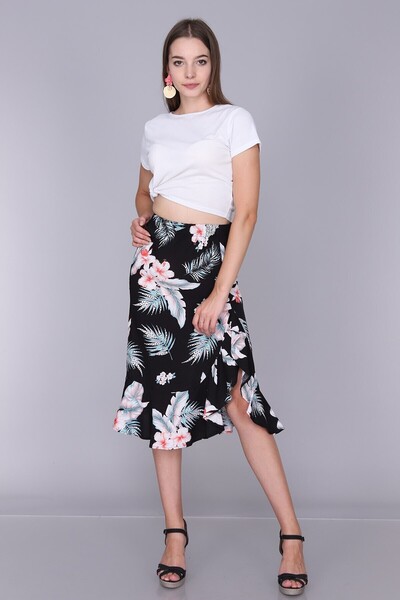 Cotton Mood 9333334 تنورة دوك.فيسكوز منقوشة بـ شق طيات باللون الأسود مع زهور