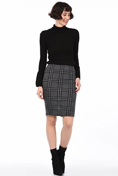 Cotton Mood 8515175 Goose Foot Patterned Elastic Waist Slit Pencil Skirt Fume